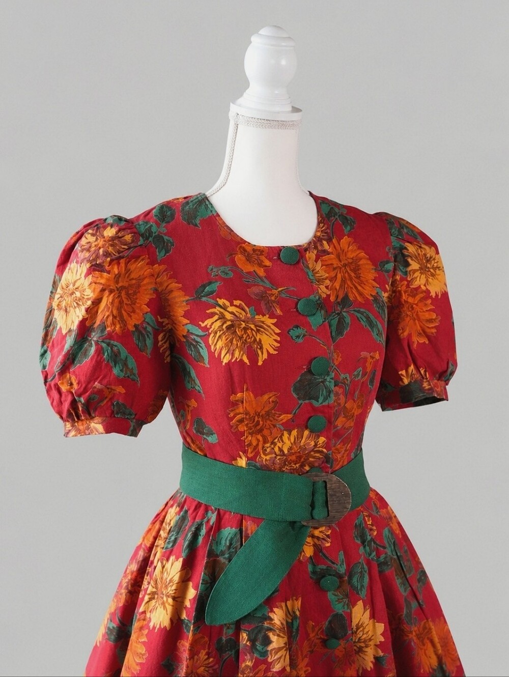 Vintage Red Maxi Dress with Bold Floral Print and Belt, Cottagecore, Bohemian,